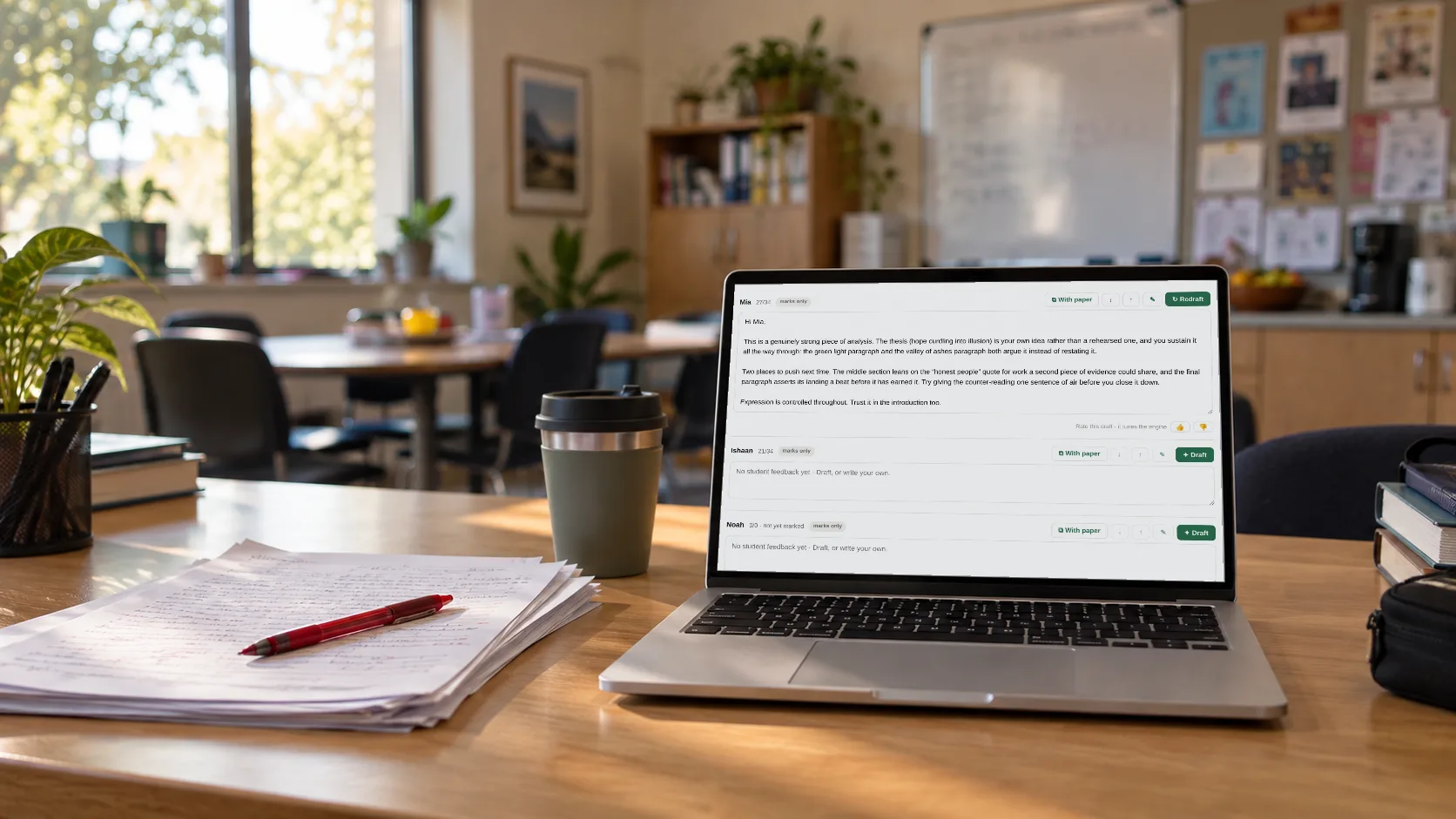 An essay under review on a laptop in a staffroom
