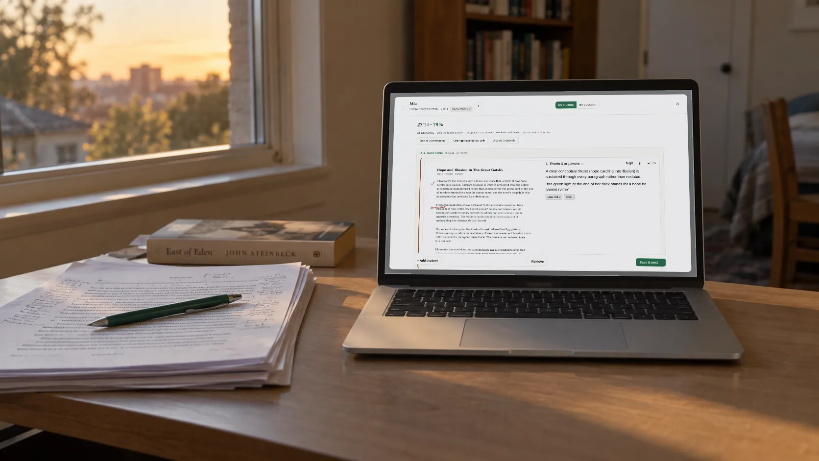 An essay review on a laptop beside a pile of essays